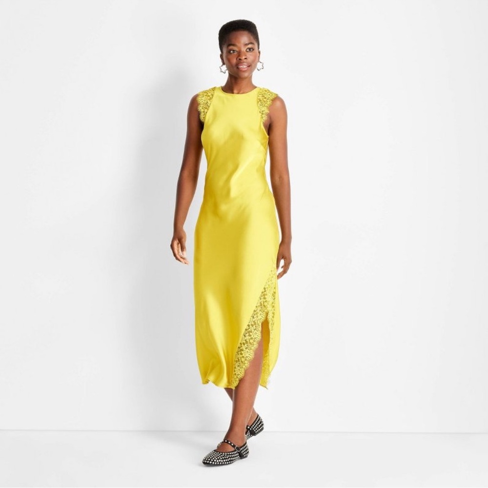 Yellow Sleeveless Lace Trim Midi Dress